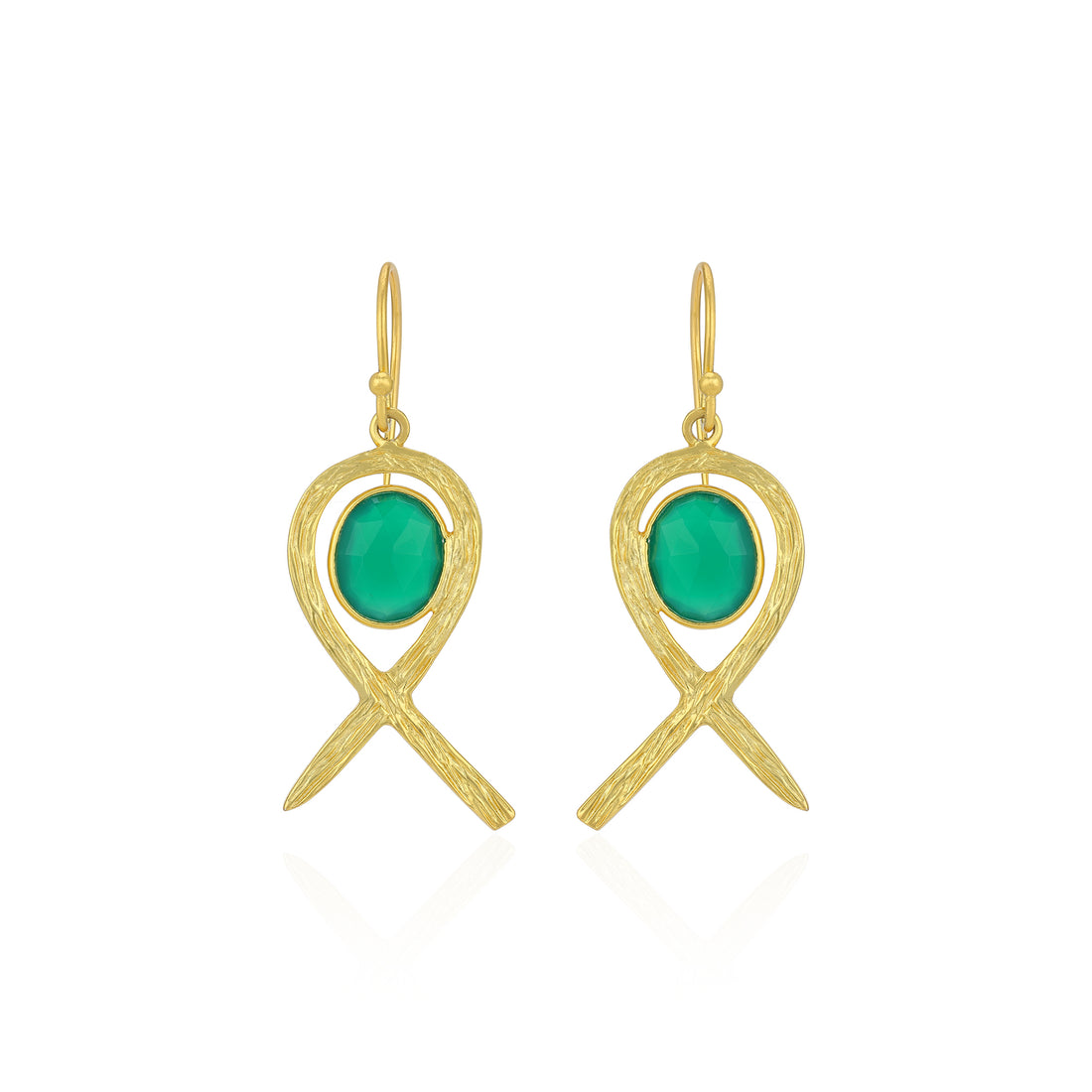 Gold earrings with green stones on a white background