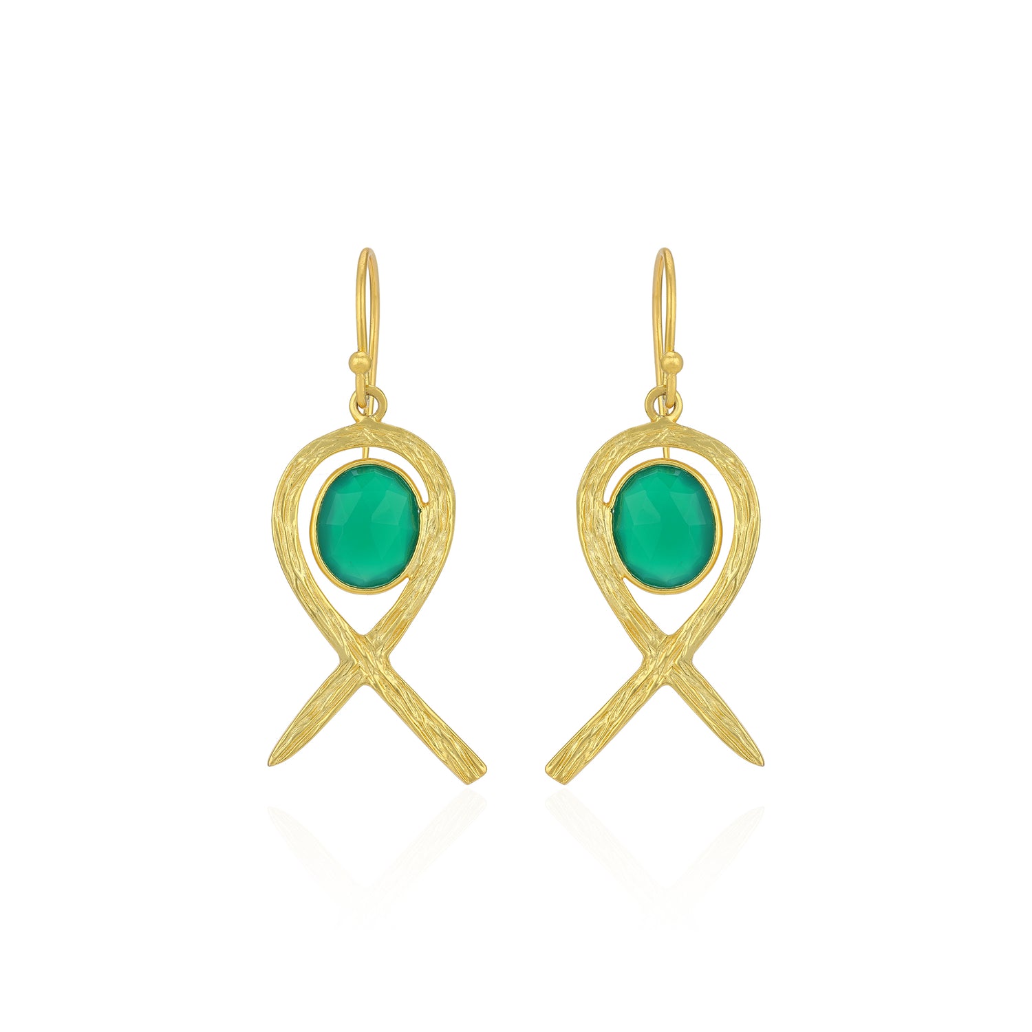 Gold earrings with green stones on a white background