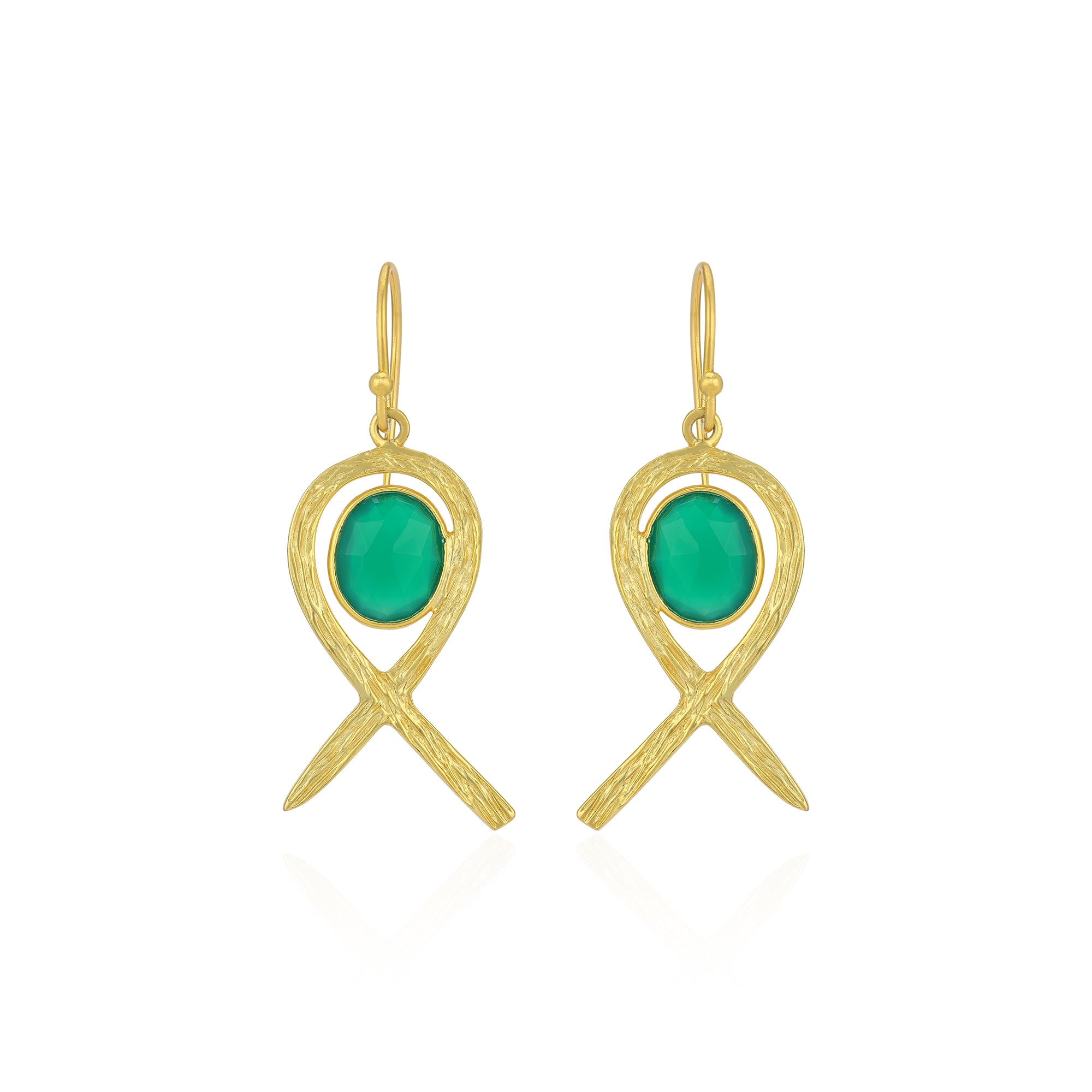 Gold earrings with green stones on a white background