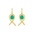 Gold earrings with green stones on a white background