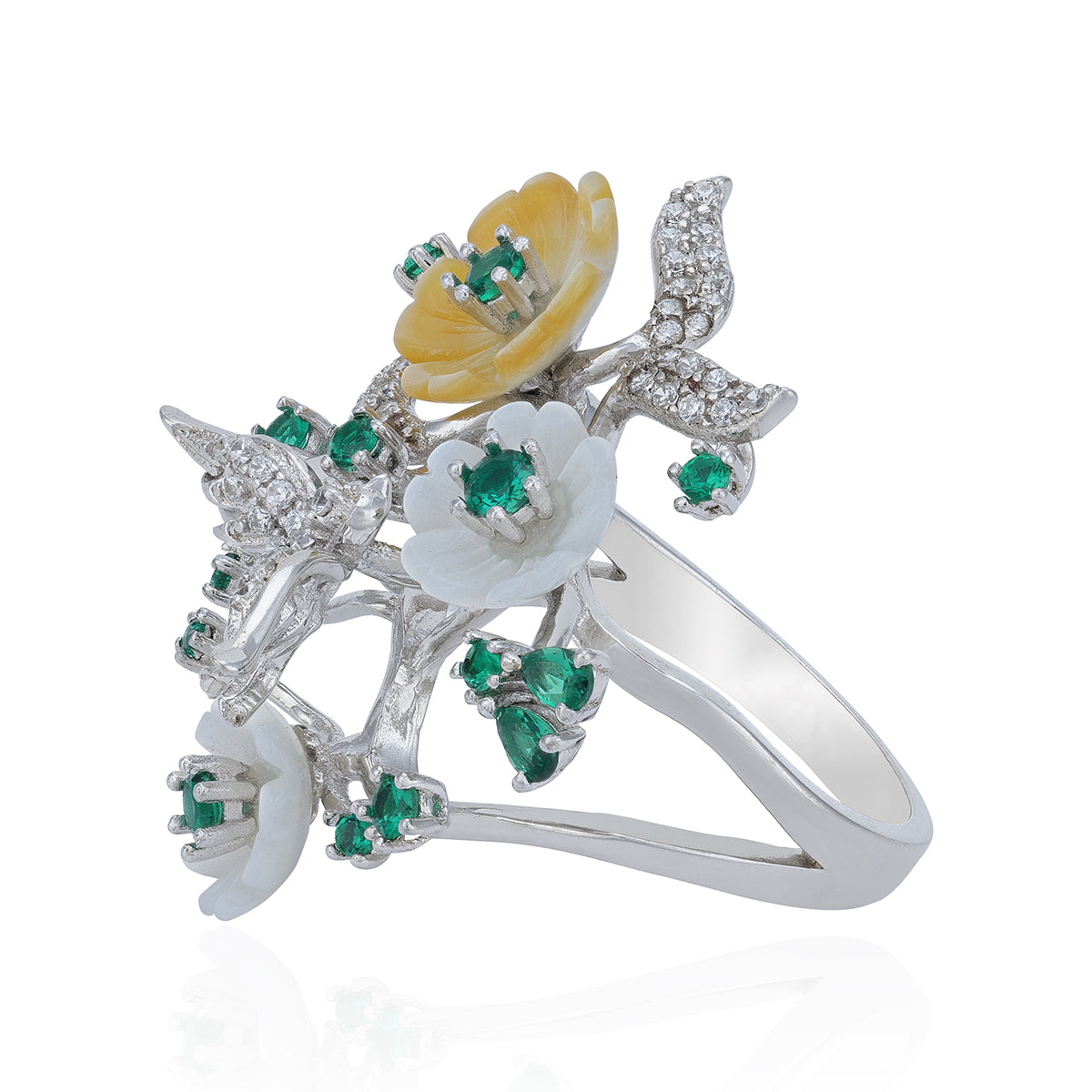 925 Sterling Silver Emerald Wing Floral Duo Ring For Women