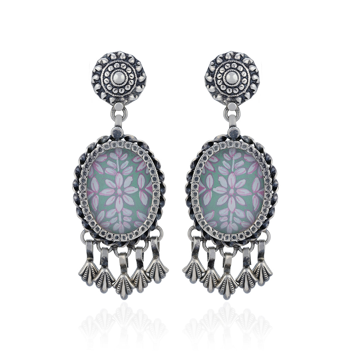 925 Sterling Silver Ethnic Floral Dangle Earrings for Women