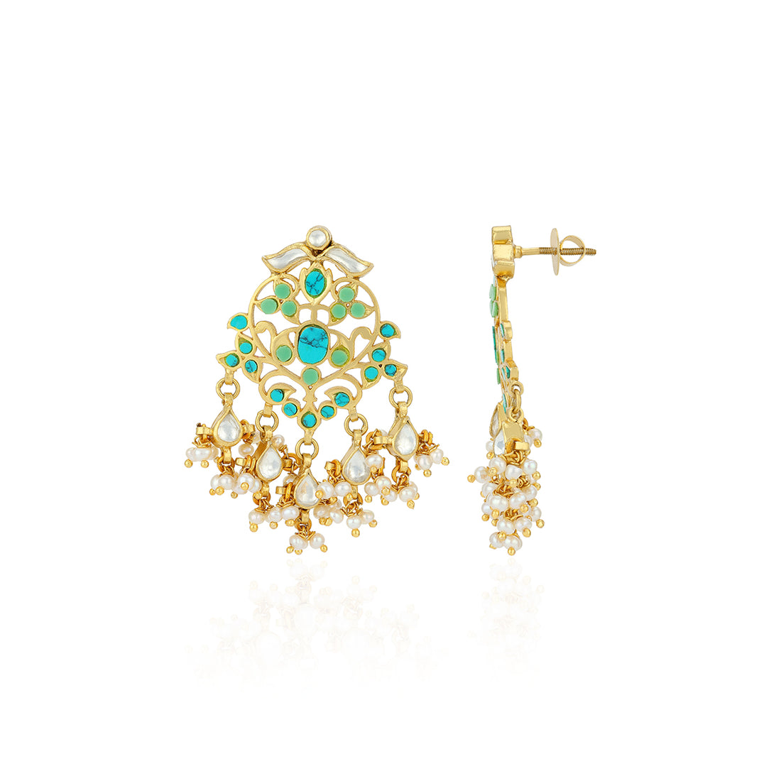 Gold earrings with turquoise and pearl accents on a white background
