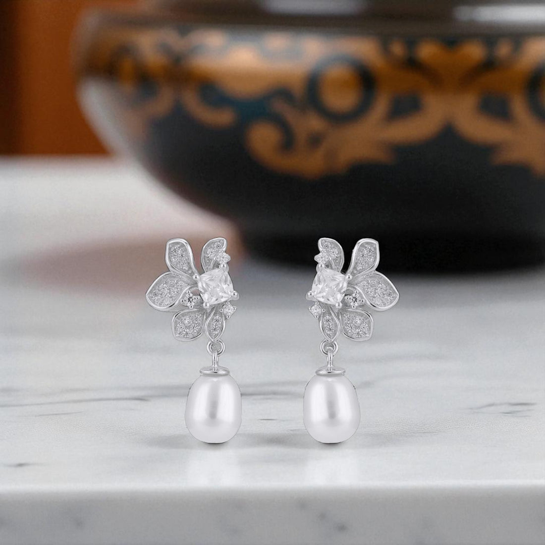 925 Sterling Silver Floral-Inspired White Rhodium Petals Pearl Drop Earrings for Women