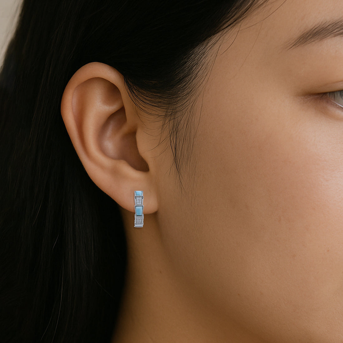 925 Sterling Silver Geometric Aqua Tile Bar Earrings for Women