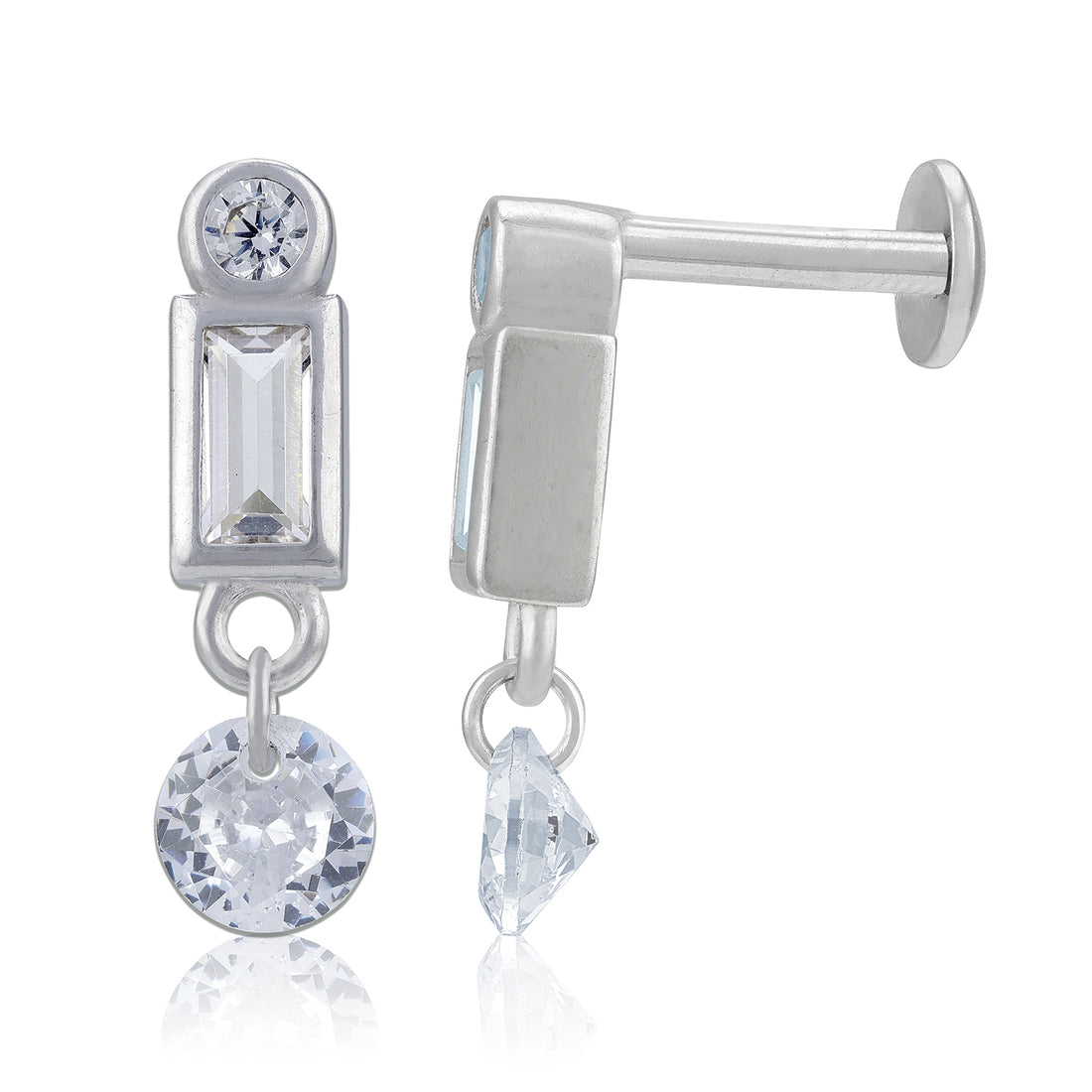 925 Sterling Silver Geometric Baguette and Round Drop Earring for Women