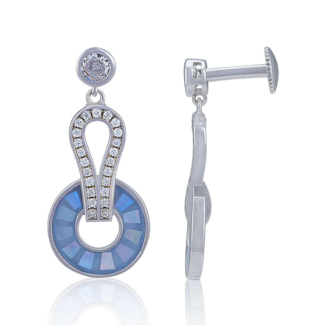 925 Sterling Silver Geometric Loop and Blue Disc Dangling Earring for Women