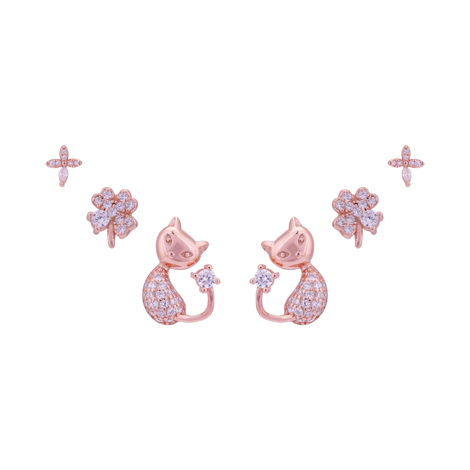 925 Sterling Silver Glittering Cat &amp; Fluer 3 in 1  Earring Set for Women