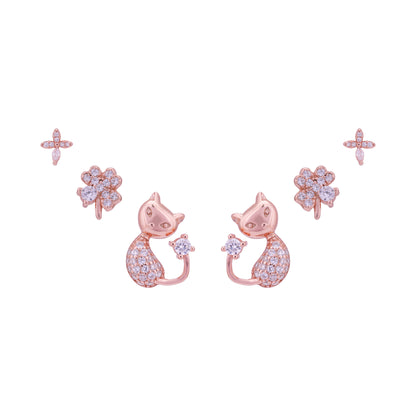 925 Sterling Silver Glittering Cat &amp; Fluer 3 in 1  Earring Set for Women