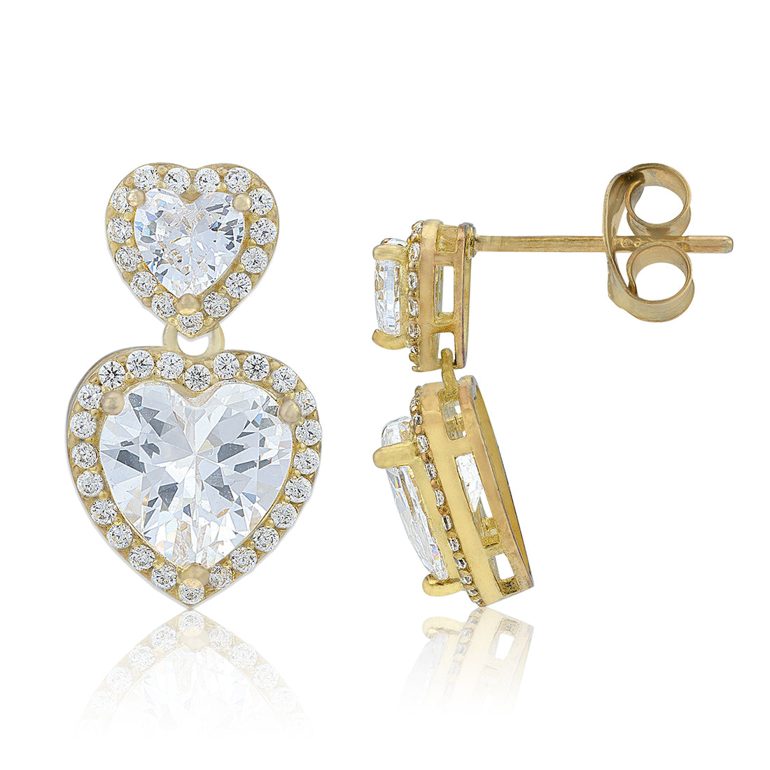 925 Sterling Silver Gold-Plated Twin Heart Drop with Crystal Accents Earring for Women