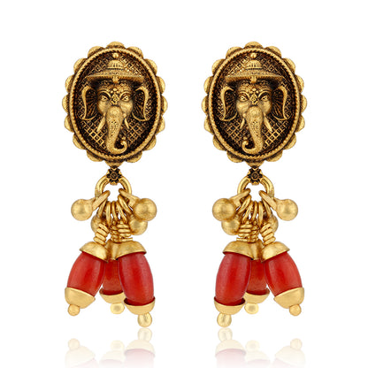 925 Sterling Silver Gold Plated Antique Ganesha Top Traditional Red Dangles Earrings for Women