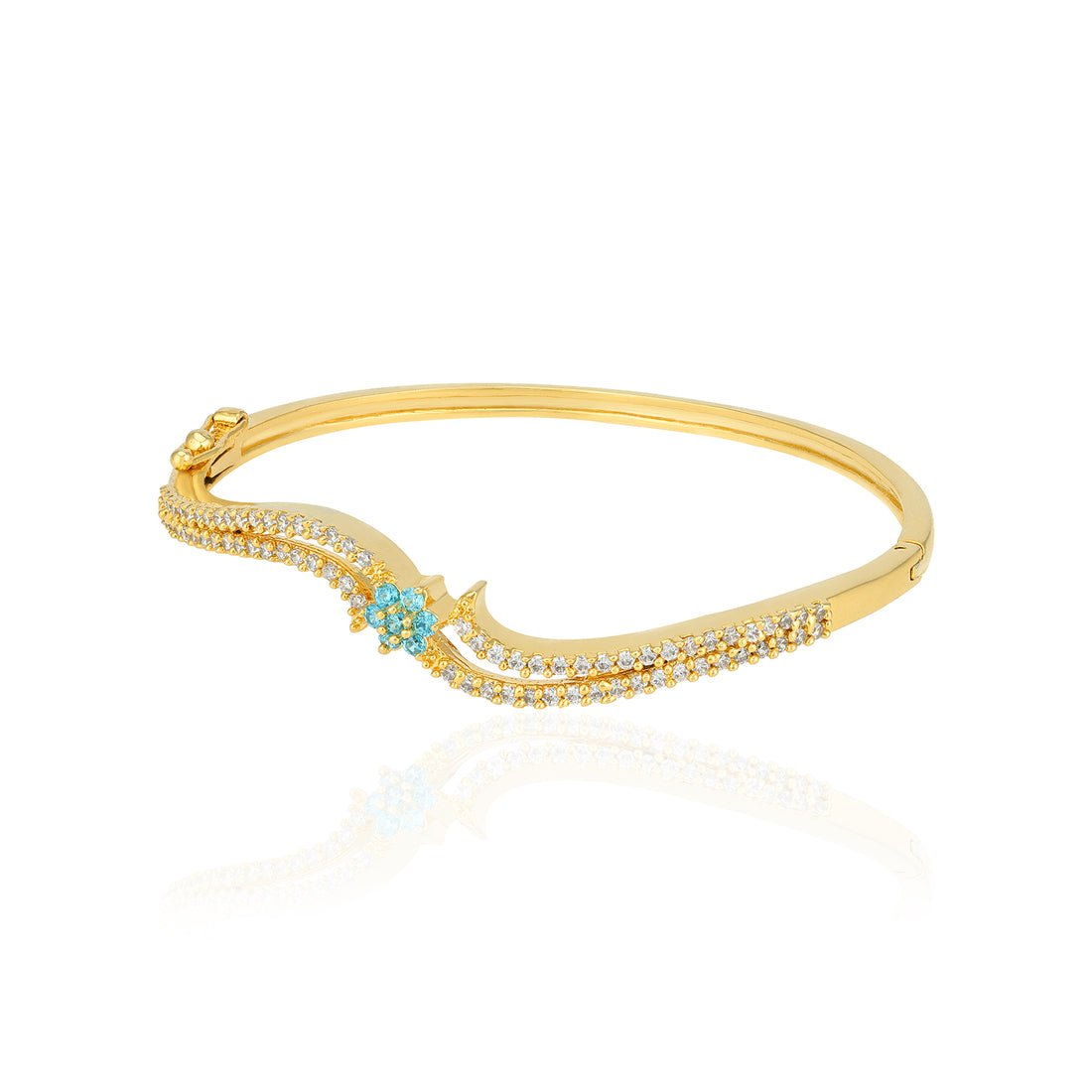 925 Sterling Silver Gold Plated Blue Floral Centre Curved  Kada For Women