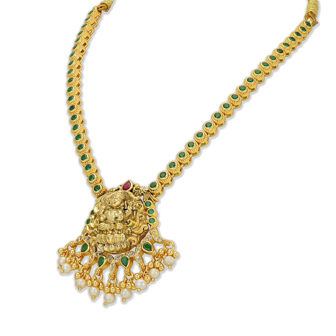 925 Sterling Silver Gold Plated Classic Lakshmi Featuring Emerald Accents Necklace for Women