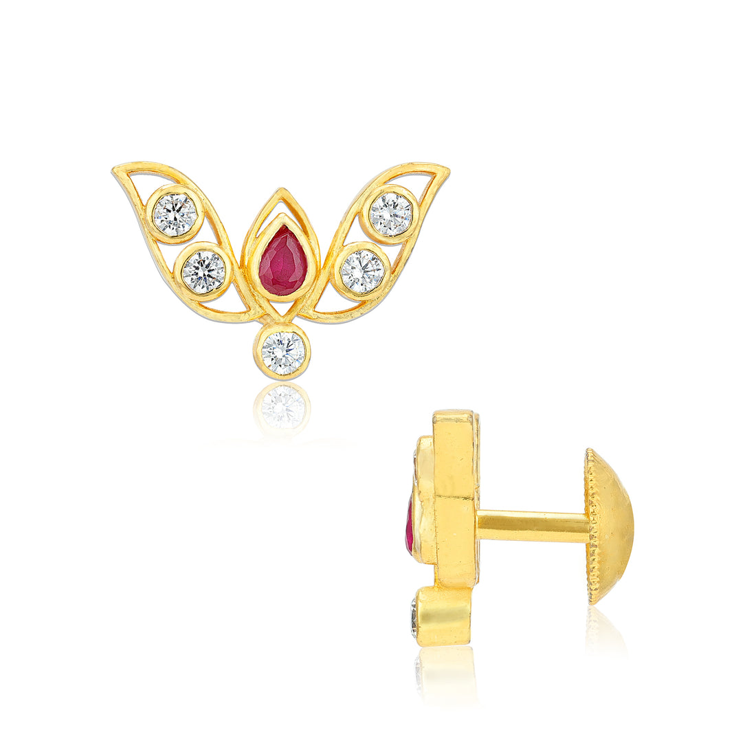 925 Sterling Silver Gold Plated Delicate V-Wing Ruby Centerpiece Earrings for Women