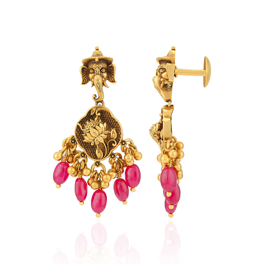 925 Sterling Silver Gold Plated Ethnic Ganesha Carved Lotus Pink Gem Drops Earrings for Women