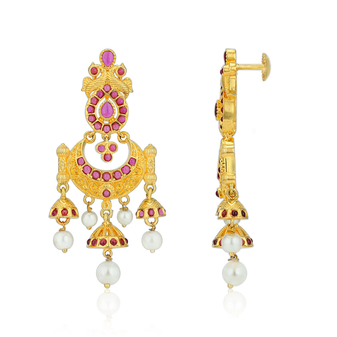 925 Sterling Silver Gold Plated Heritage Ruby Hanging Pearls Earrings for Women