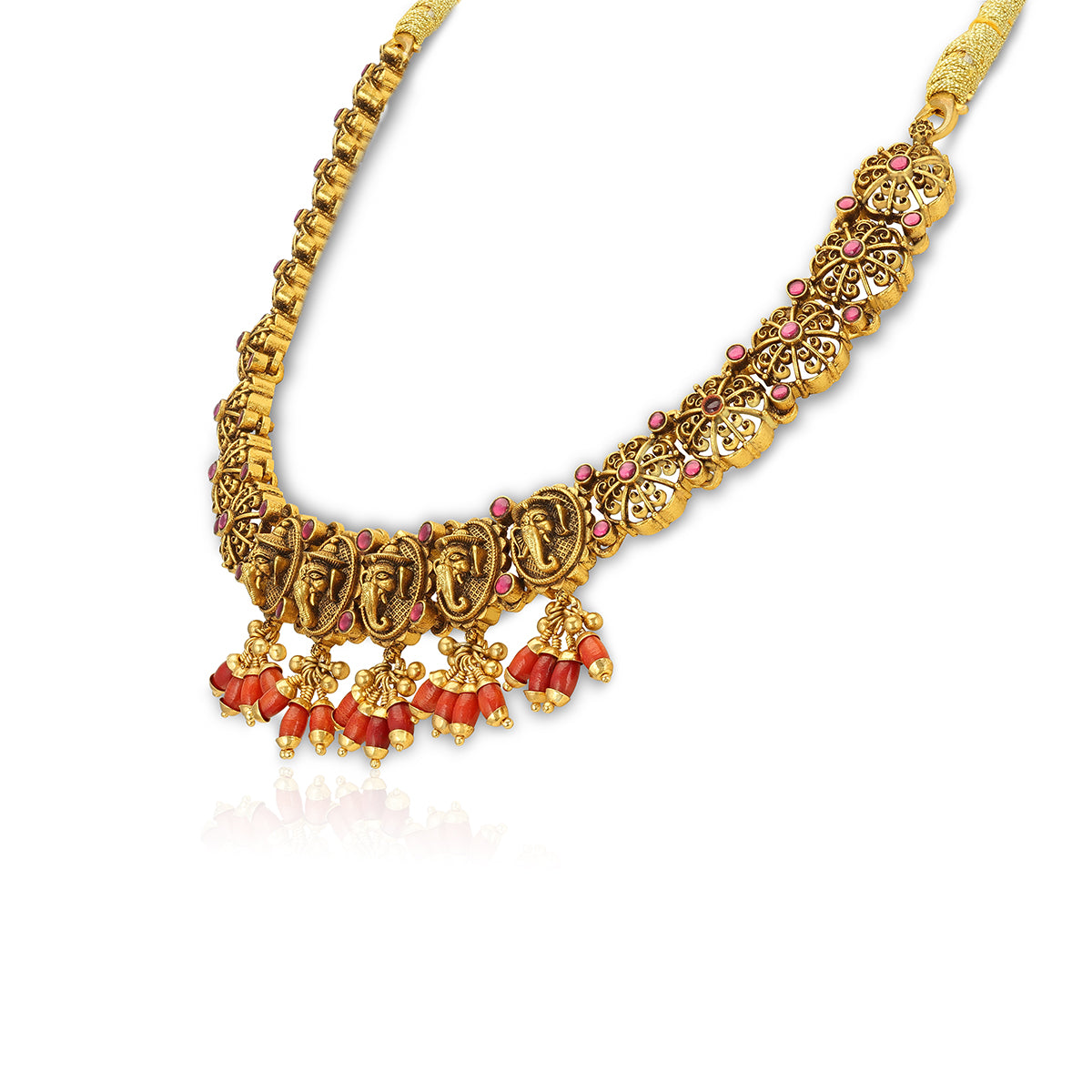 925 Sterling Silver Gold Plated Intricate Ganapati Motif Pink Highlights Choker for Women