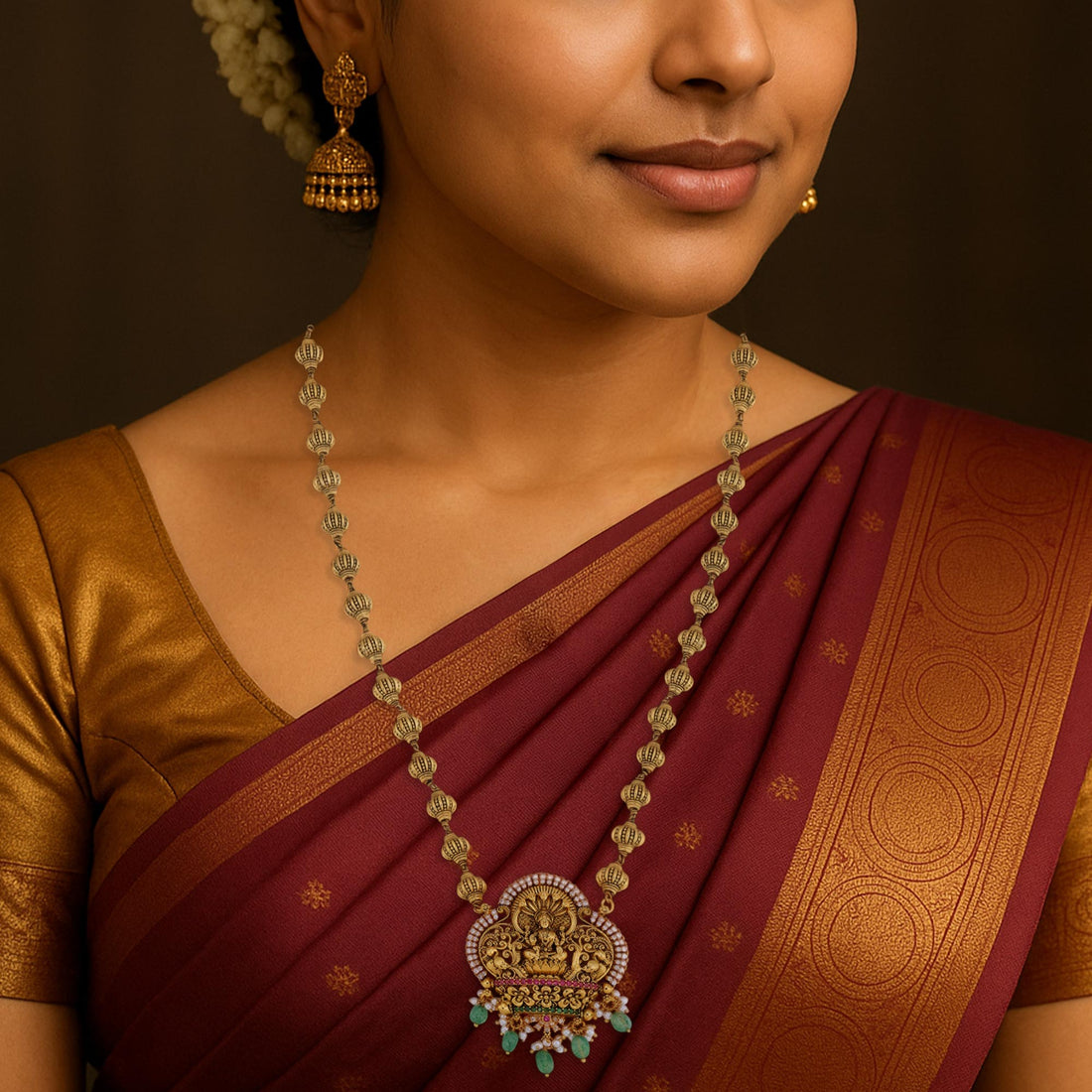 925 Sterling Silver Gold Plated Lakshmi Beaded Haram for Women