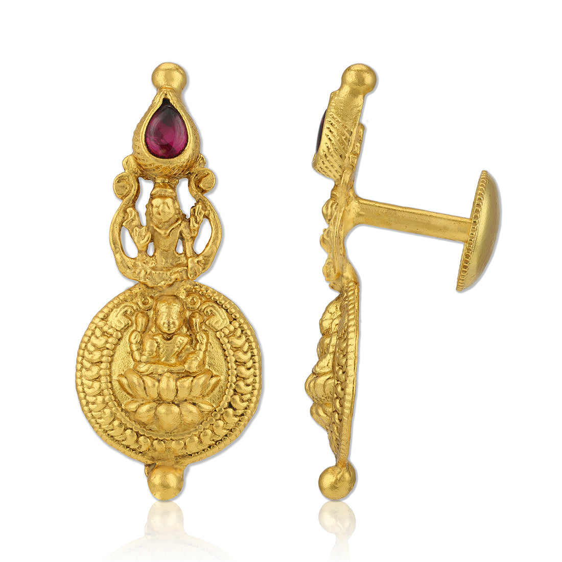 925 Sterling Silver Gold Plated Lakshmi Devi Coin Ruby Stone Earrings for Women