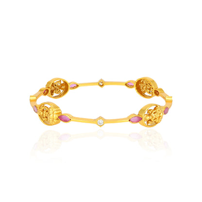 925 Sterling Silver Gold Plated Lakshmi Idol Pink Meenakari Leaf Accents Bangles for Women