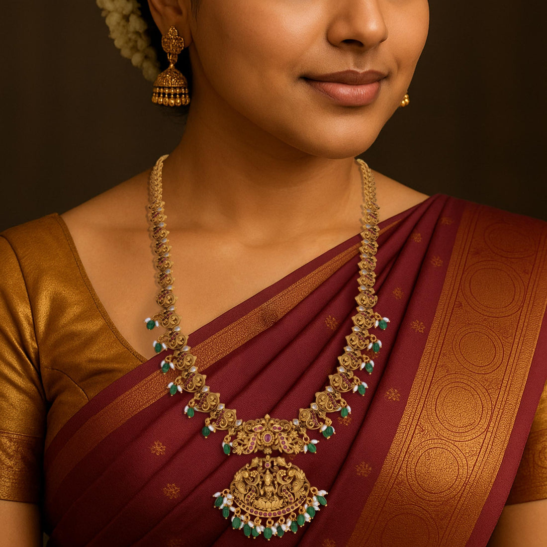 925 Sterling Silver Gold Plated Lakshmi Mayur Green Bead Haram for Women