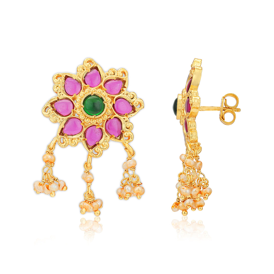 925 Sterling Silver Gold Plated Lotus Blossom Pearl Drop Emerald Center Earrings for Women