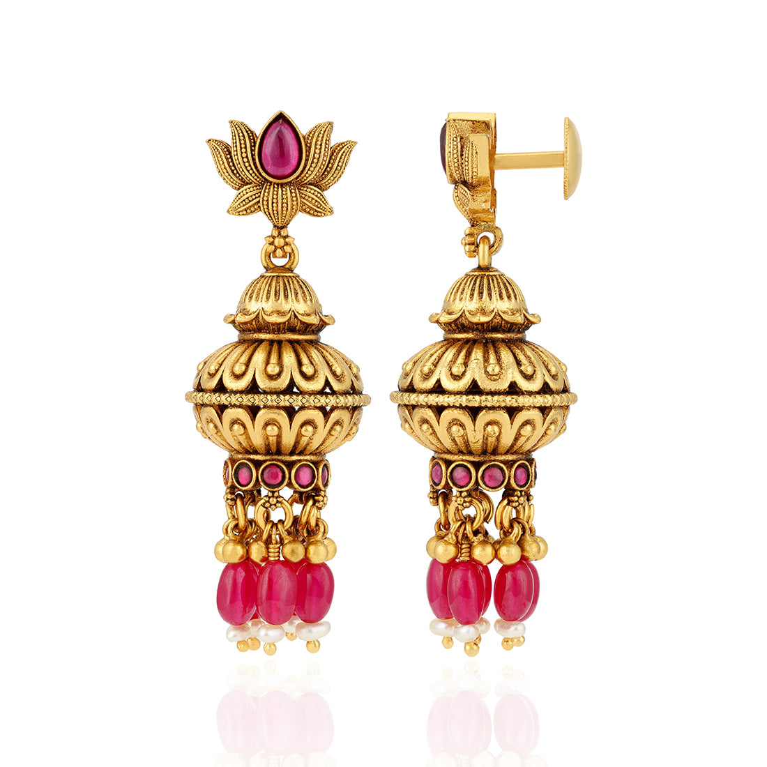 925 Sterling Silver Gold Plated Lotus Dome Pink Beads Drop Earrings for Women