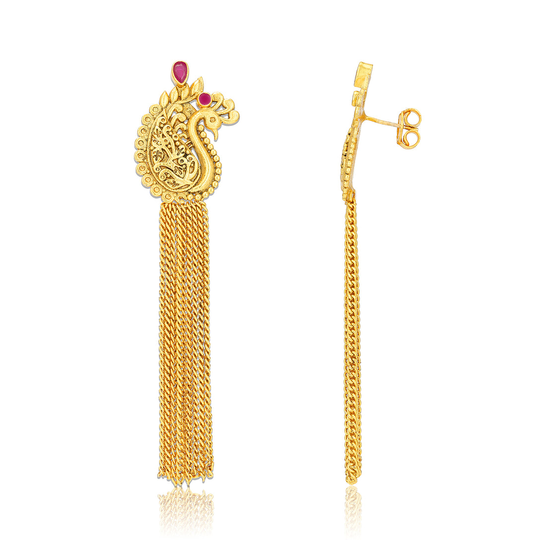 925 Sterling Silver Gold Plated Peacock Crest Tassel Ruby Accents Earrings for Women