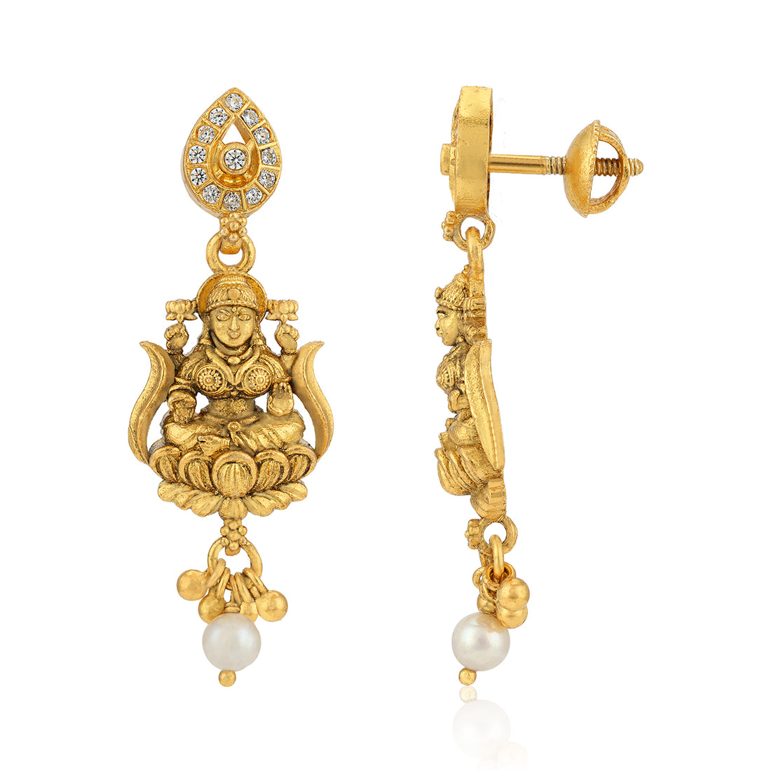 925 Sterling Silver Gold Plated Sacred Lakshmi Tear Shaped Top Hanging Pearl Earrings for Women