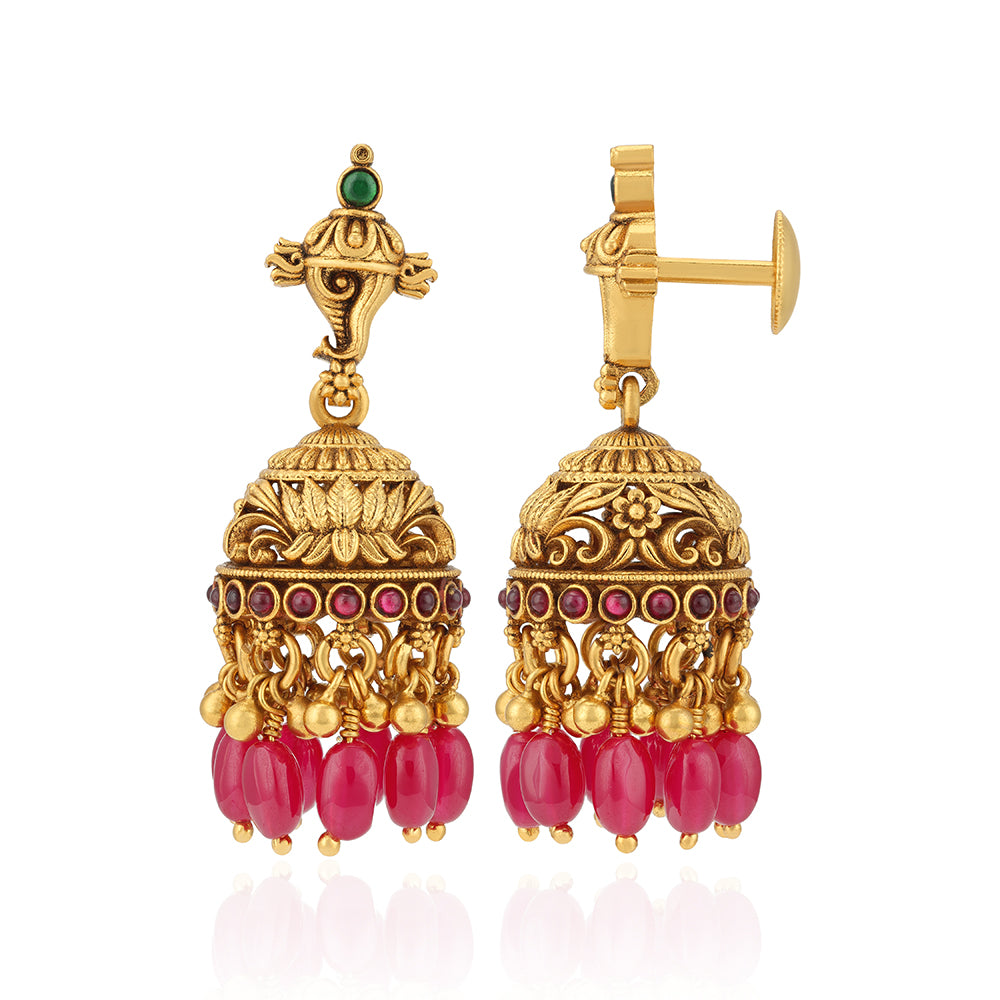 925 Sterling Silver Gold Plated Shankh Lotus Carved Jhumka with Pink Beads for Women
