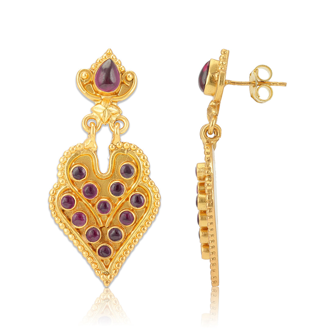 925 Sterling Silver Gold Plated Temple Motif Leaf Drop Ruby Earring for Women