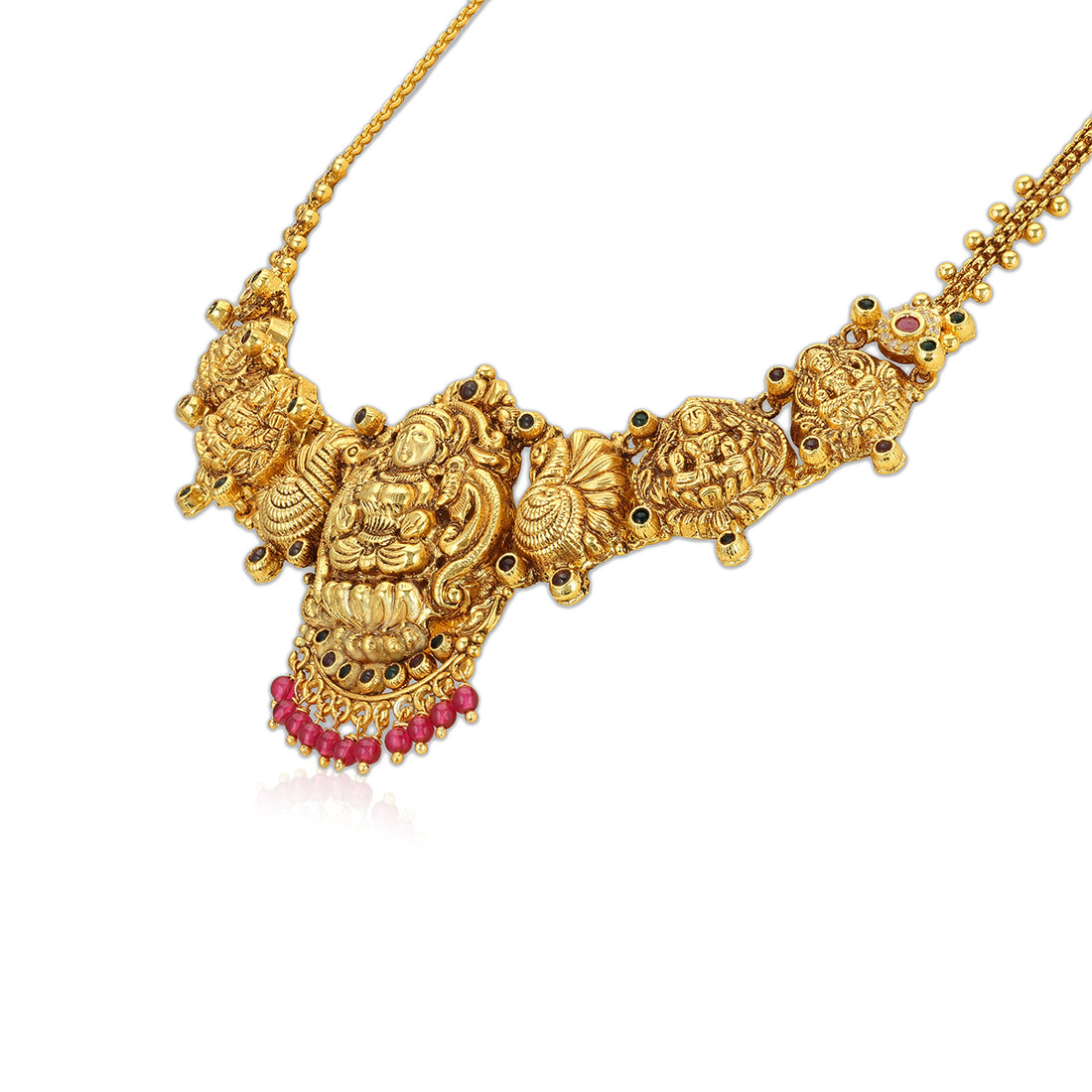 925 Sterling Silver Gold Plated Traditional Goddess Lakshmi Ruby Fringe Choker for Women