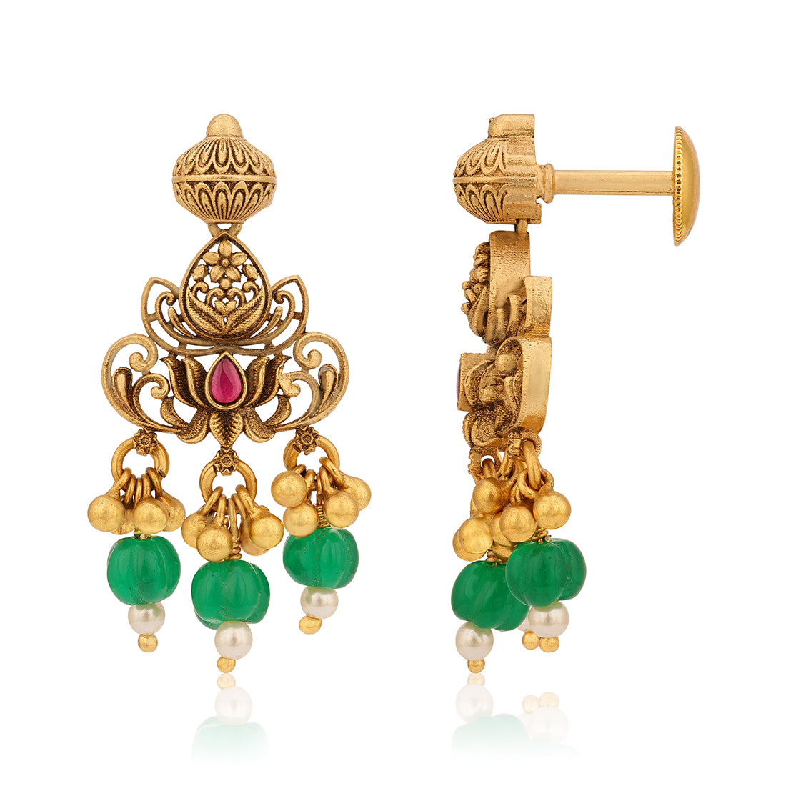 925 Sterling Silver Gold Plated Traditional Lotus Green Drop Earrings