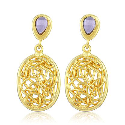 Gold earrings with purple gemstones on a white background