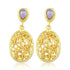 Gold earrings with purple gemstones on a white background