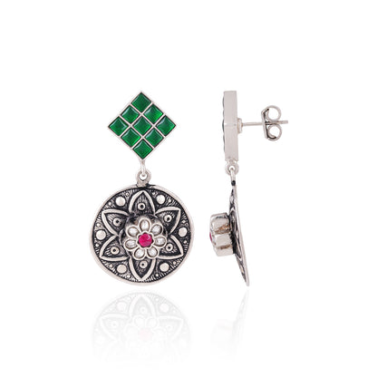 925 Sterling Silver Green Linked Circle Earrings for Women