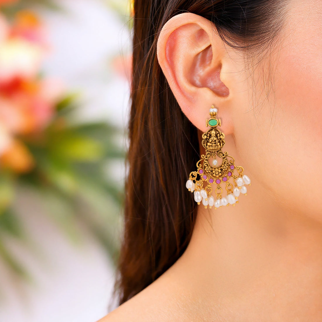 925 Sterling Silver Lakshmi Floral Crescent Pearl Dangler for Women