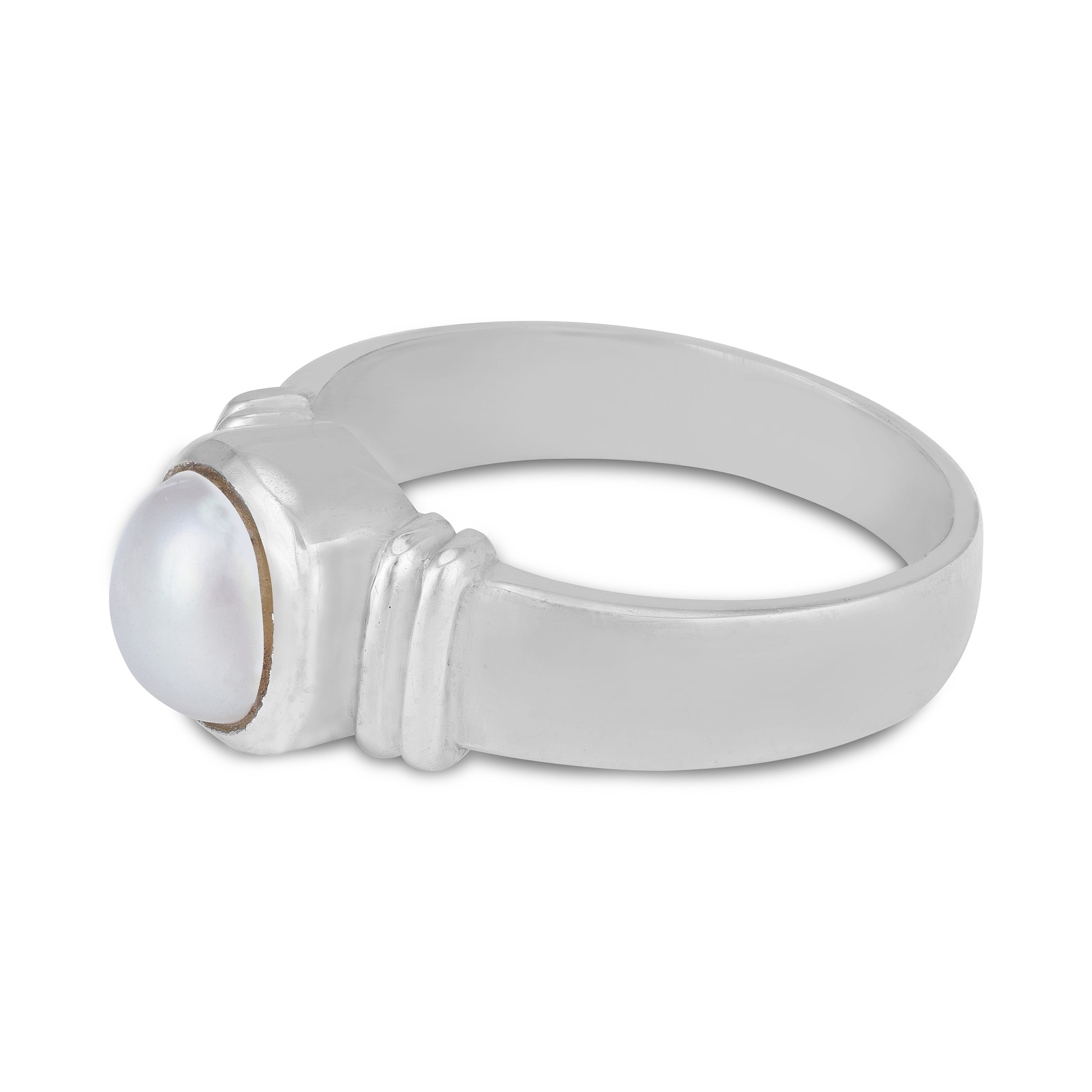 925 Sterling Silver Large White Pearl Classic Twin-Notch Band Design Ring for Men