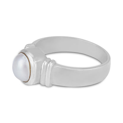925 Sterling Silver Large White Pearl Classic Twin-Notch Band Design Ring for Men