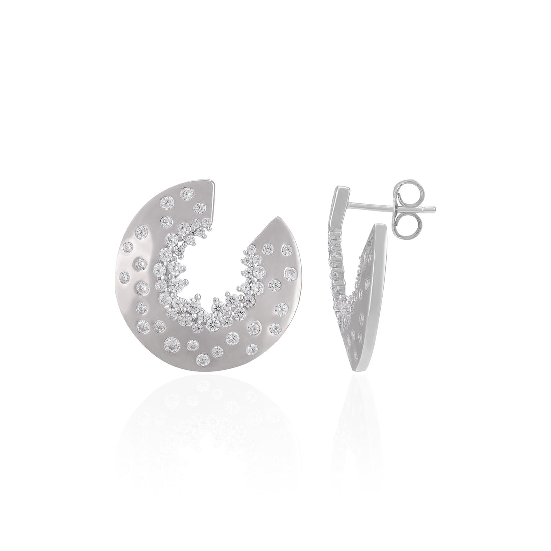 Silver earrings with a crescent moon design on a white background
