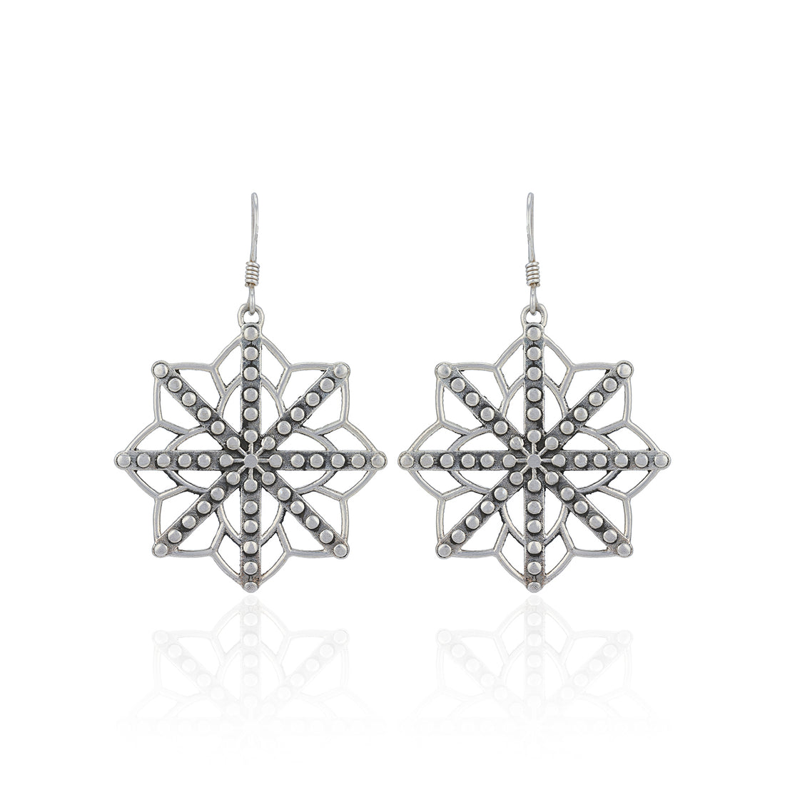 Silver snowflake earrings on a white background
