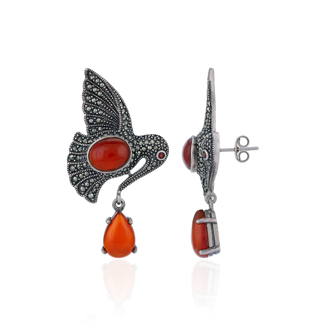 925 Sterling Silver Marcasite Bird Carnelian Earrings for Women