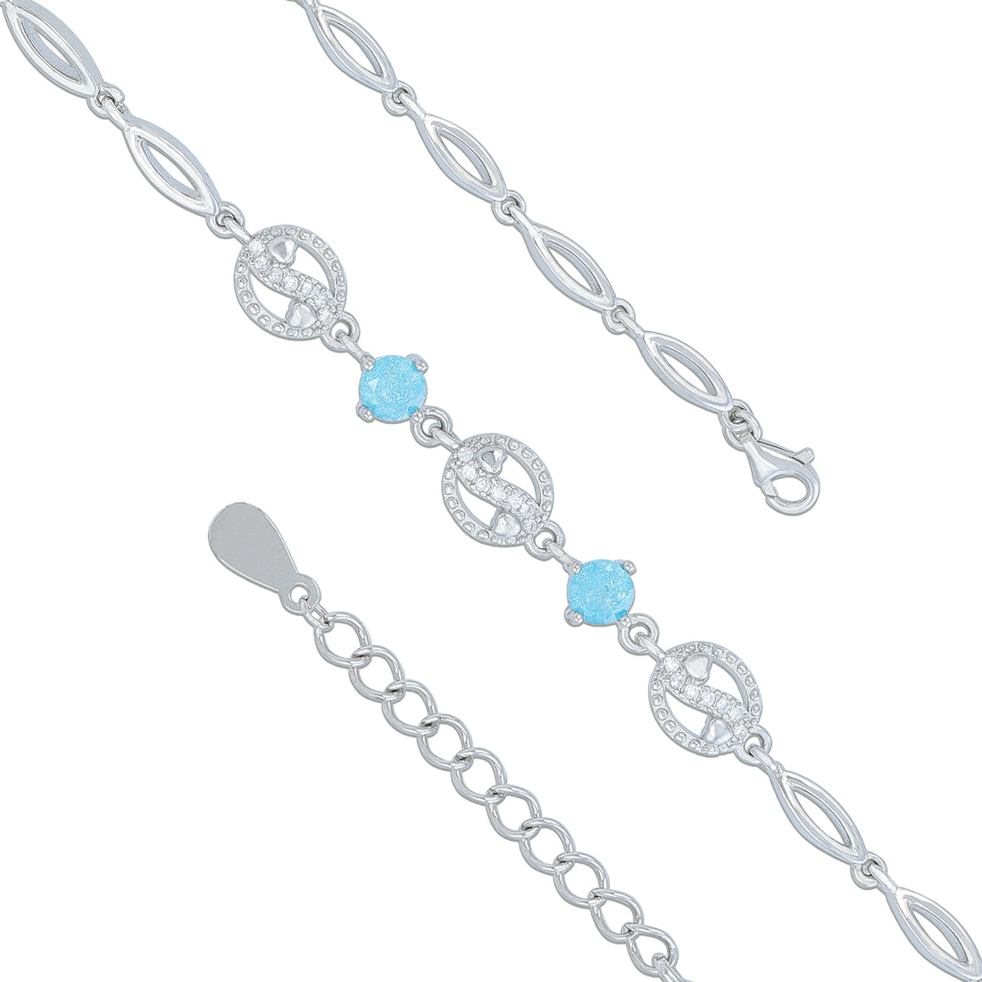 925 Sterling Silver Minimal Blue Stone Accent Chain Bracelet for Women