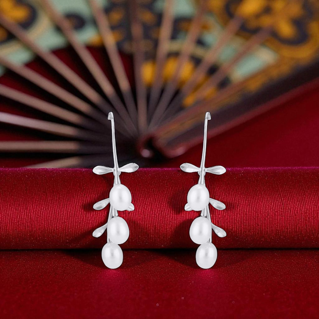925 Sterling Silver Minimalist Leaf Stalk Cascading Pearls Earrings for Women