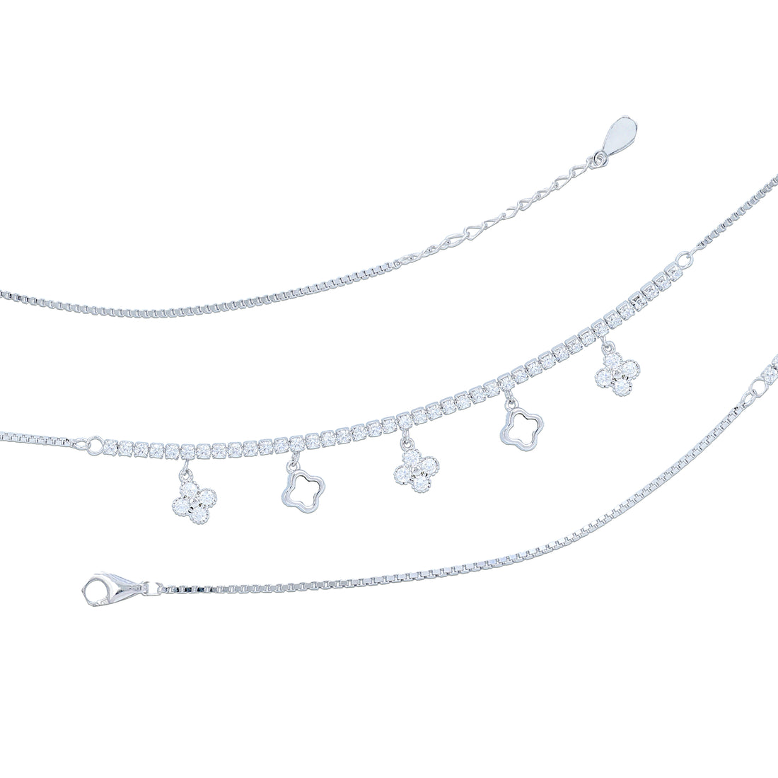 925 Sterling Silver Minimalist Square &amp; Diamond Cut Drop Anklet for Women