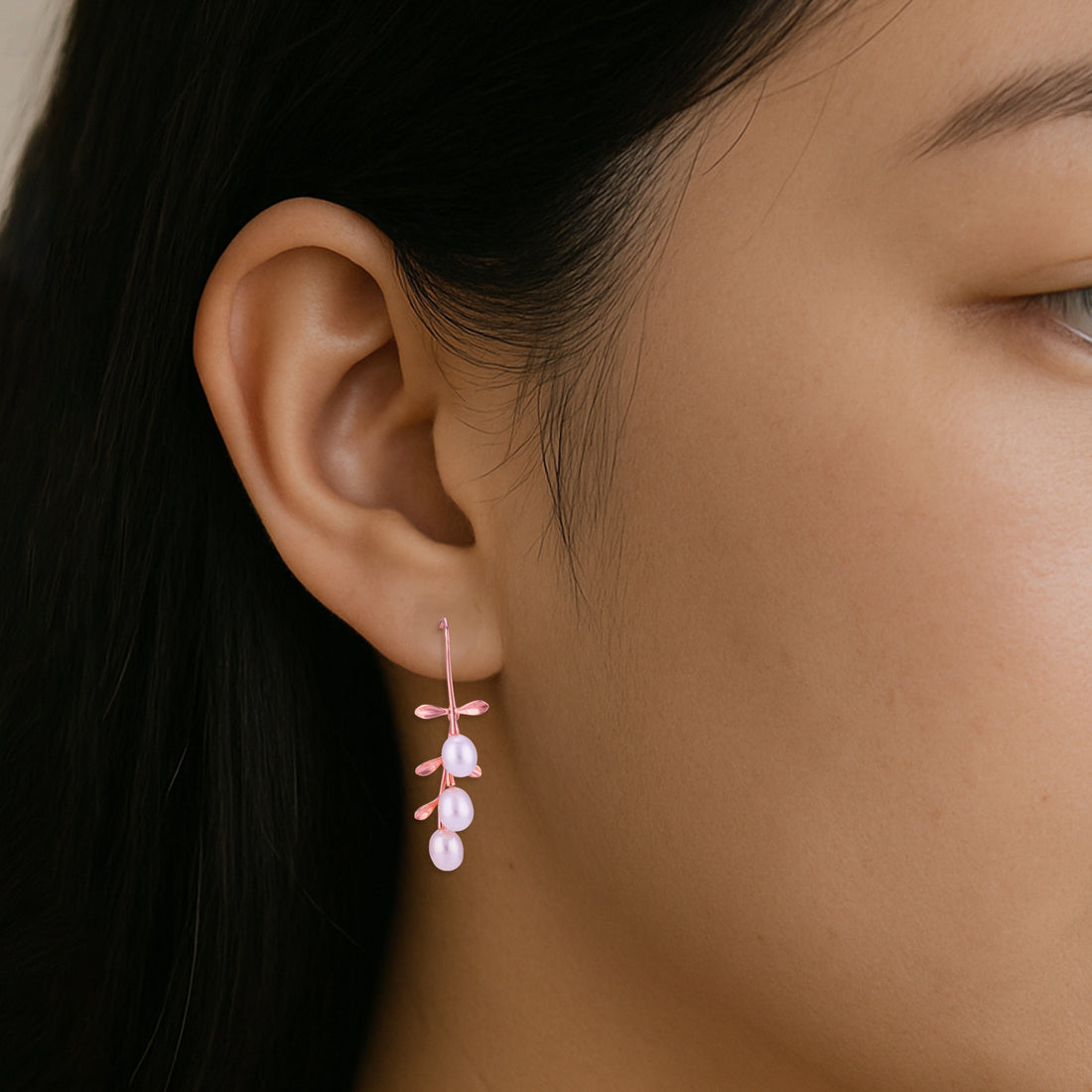 925 Sterling Silver Modern Leaf Triple Pearl Glossy Rose Gold Earrings for Women
