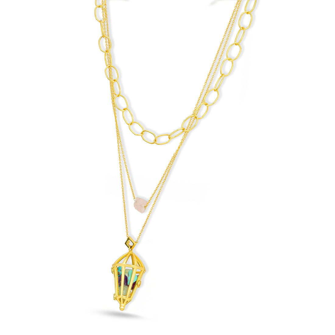 Gold necklace with a pendant on a white background
