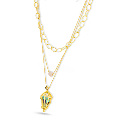Gold necklace with a pendant on a white background