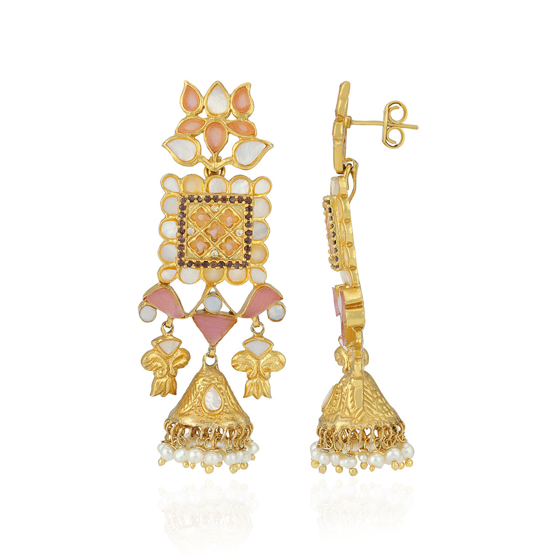 Gold earrings with pink and white stones on a white background