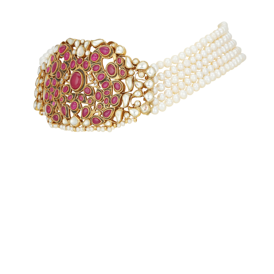 Close-up of Rose Charm Kundan Detailing and Pearls on 925 Silver Necklace